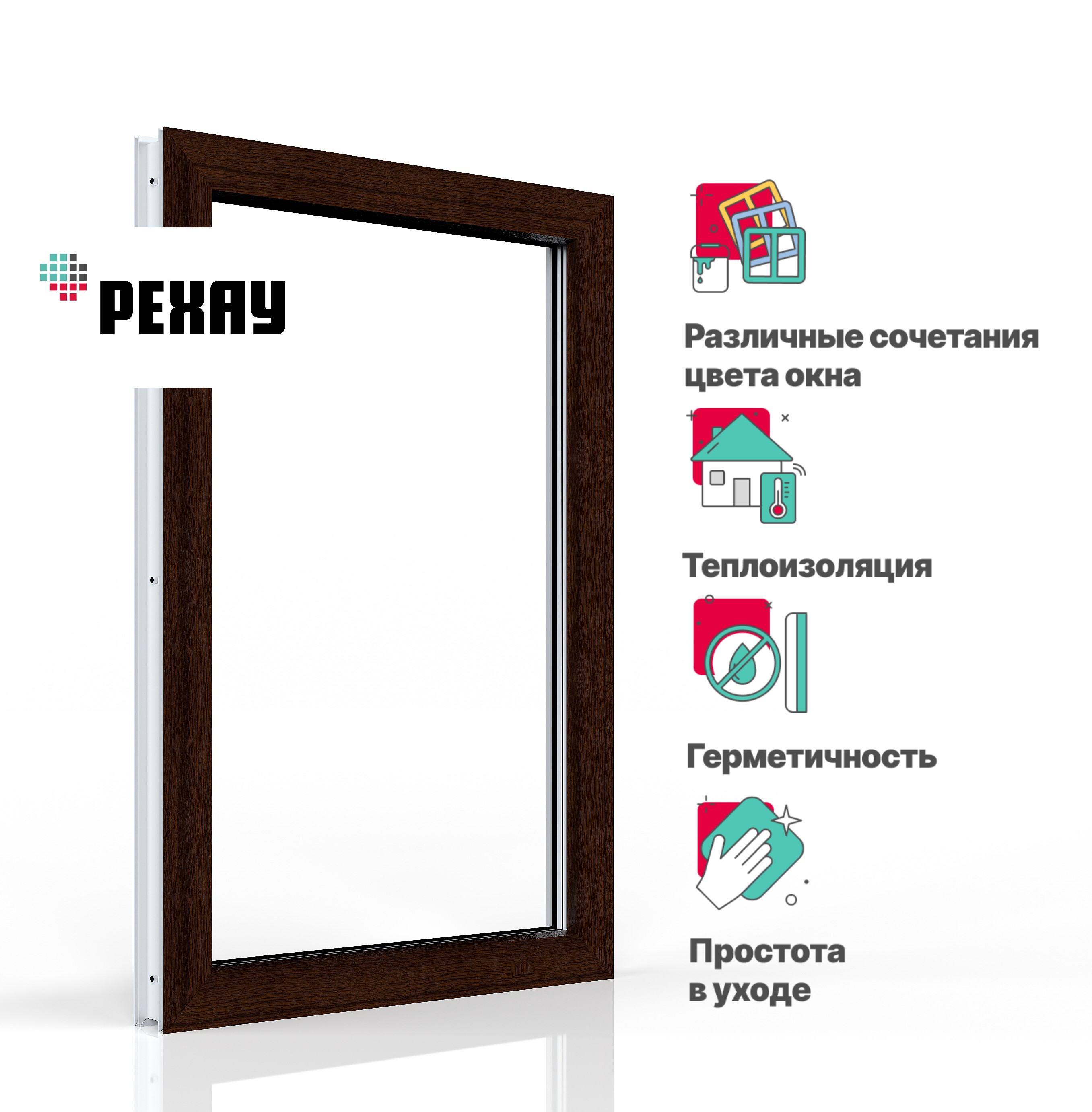 Пластиковое окно РЕХАУ EXPERIENCE BLITZ 1200х600 мм (ВхШ) одностворчатое, глухое, двухкамерный стеклопакет, темный дуб снаружи