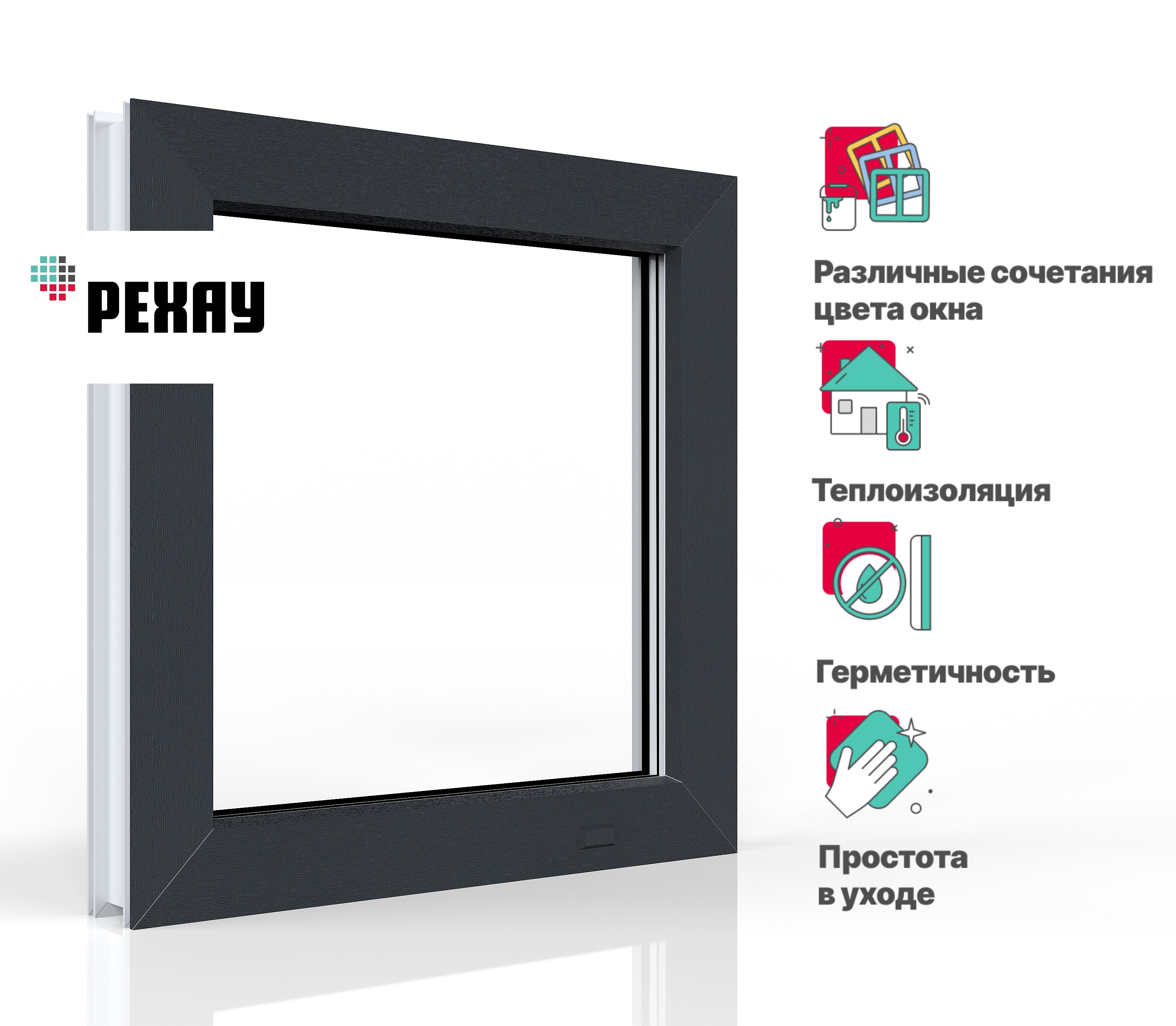 Пластиковое окно РЕХАУ EXPERIENCE BLITZ 1000х1000 мм (ВхШ) одностворчатое, глухое, двухкамерный стеклопакет, антрацитово-серый снаружи
